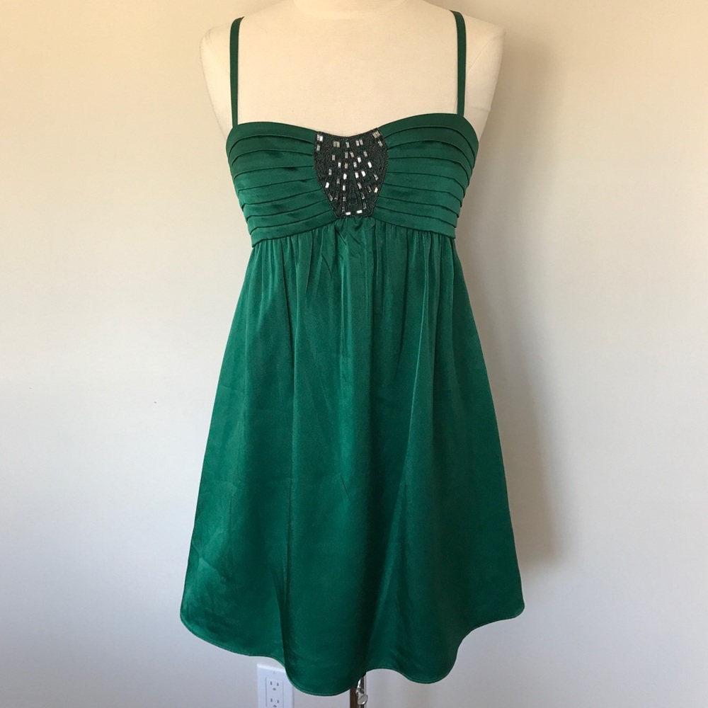 NEW BCBG MaxAzria Emerald Green Jeweled Satin Dress